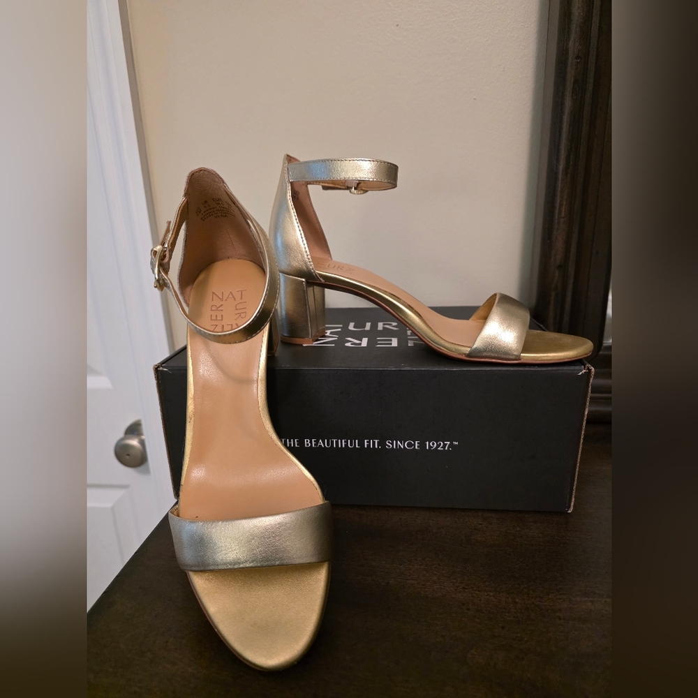 Naturalizer Dark Gold Leather Metallic Heels with Ankle Strap